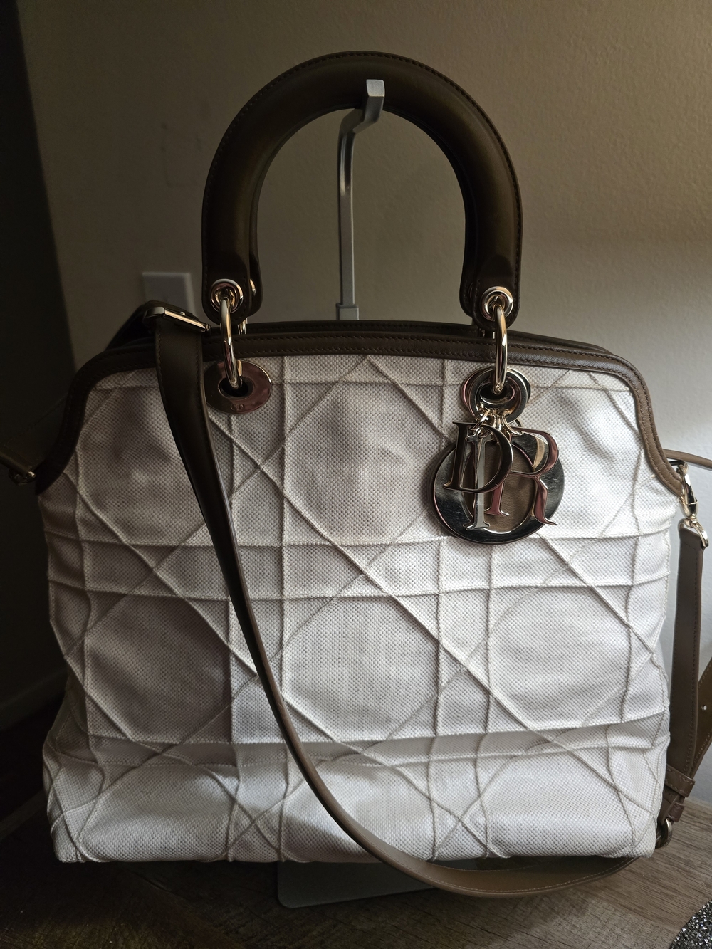 Dior White Quilted Tote with Taupe Leather Trim